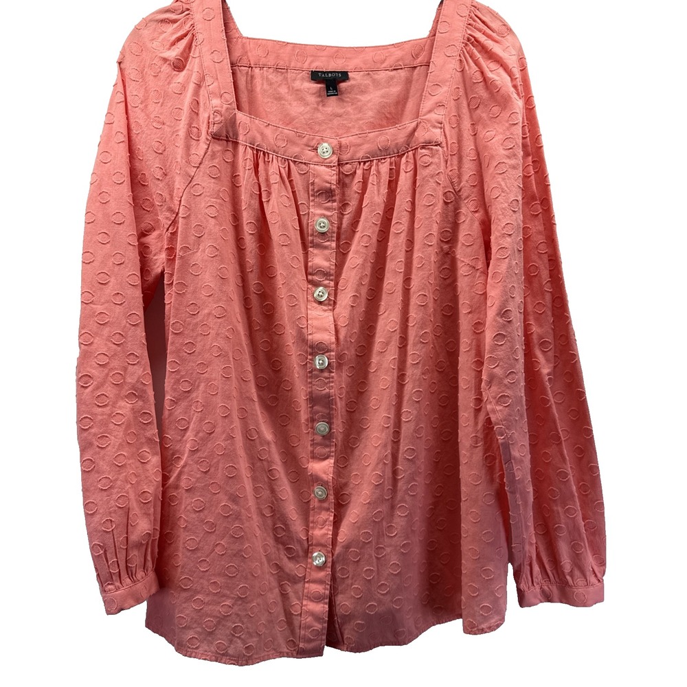 Talbots Womens Orange Cotton Button Up Raglan Sleeve Textured Blouse Size Large